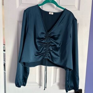 NLT Satin Ruched V-Neck Long Sleeve Blouse - Teal